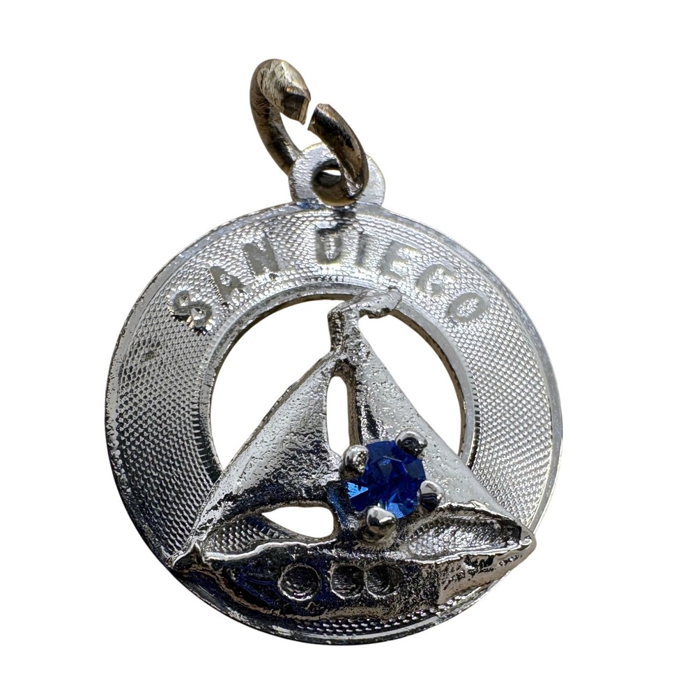 Vintage Sasco Sterling Silver San Diego Sailboat Charm Blue Stone Rhodium 0.90g